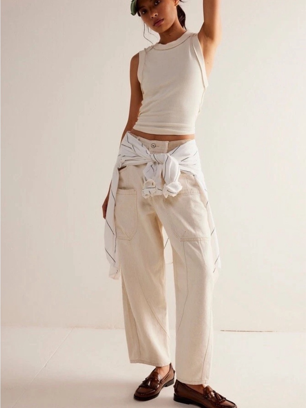 Free People Barrel Jeans We The Free Cargo Pockets Pep Rally XS Ivory Workwear